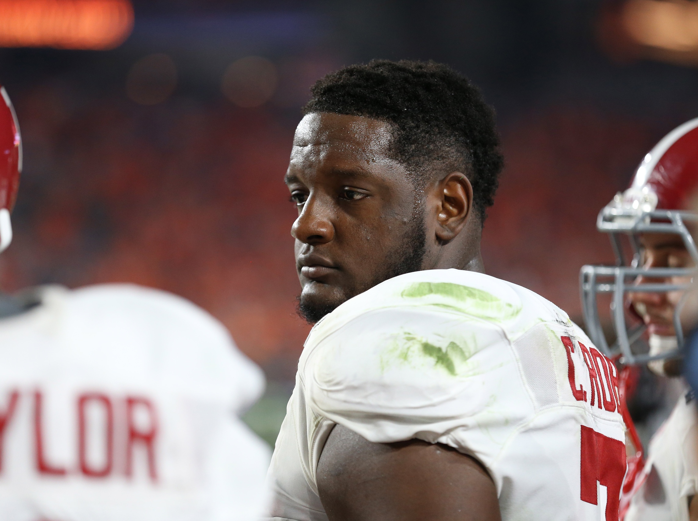 Jan 11, 2016; Glendale, AZ, USA; Alabama Crimson Tide offensive lineman Cam Robinson (74) against the Clemson Tigers in the 2016 CFP National Championship at University of Phoenix Stadium. Mandatory Credit: Mark J. Rebilas-USA TODAY Sports