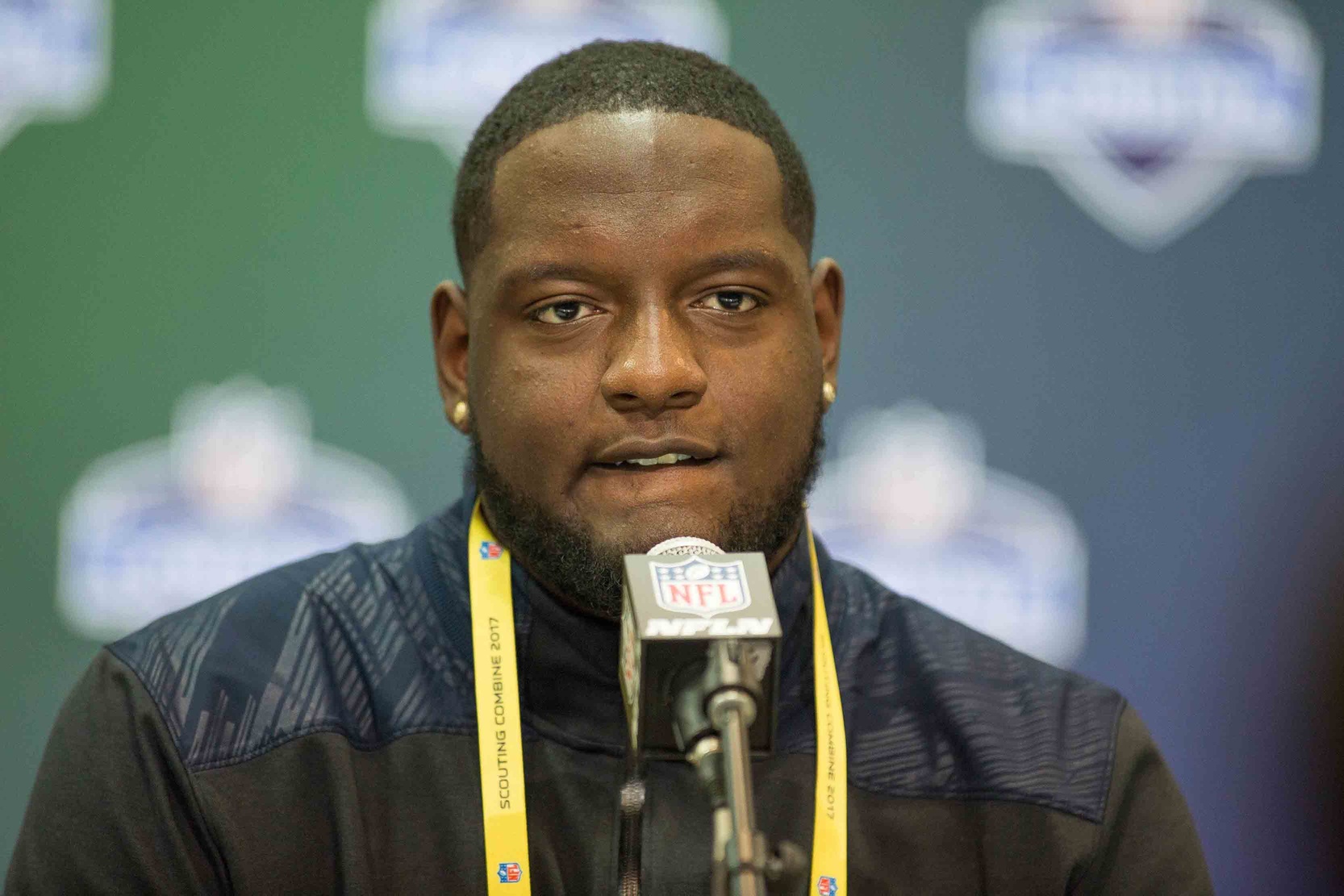 Mar 2, 2017; Indianapolis, IN, USA; Alabama offensive lineman Cam Robinson speaks to the media during the 2017 combine at Indiana Convention Center. Mandatory Credit: Trevor Ruszkowski-USA TODAY Sports