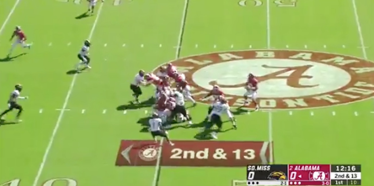 Alabama speedster Henry Ruggs III takes a short pass 45 yards to the