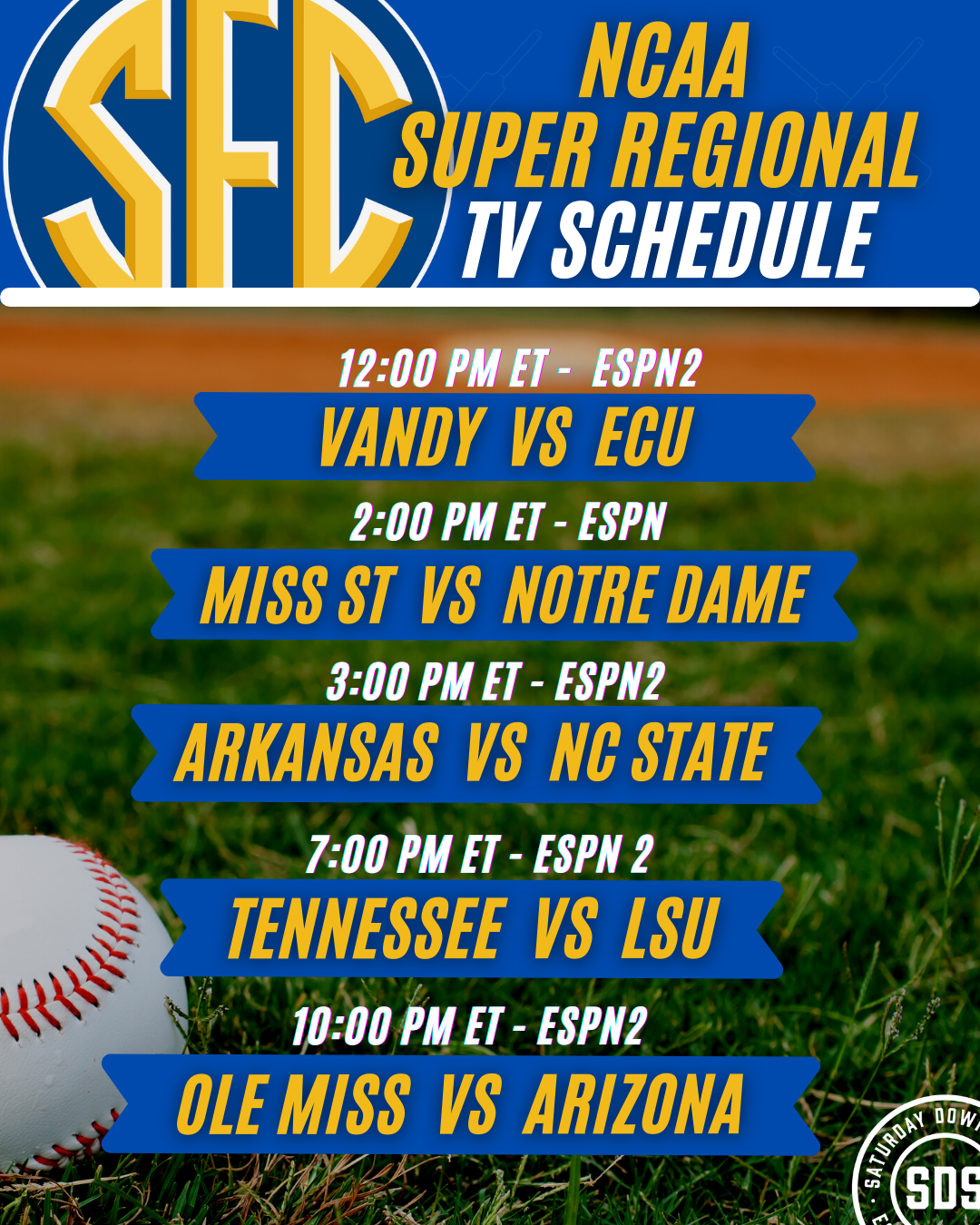 NCAA Baseball Tournament Super Regional schedule, broadcast information