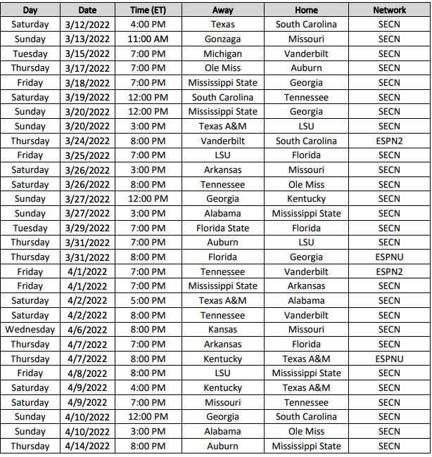 SEC baseball TV schedule for 2022 announced