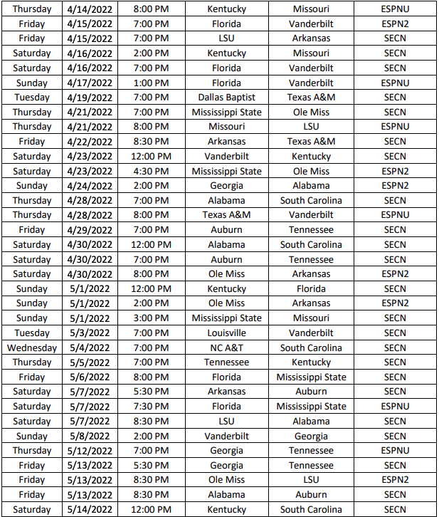 SEC baseball TV schedule for 2022 announced