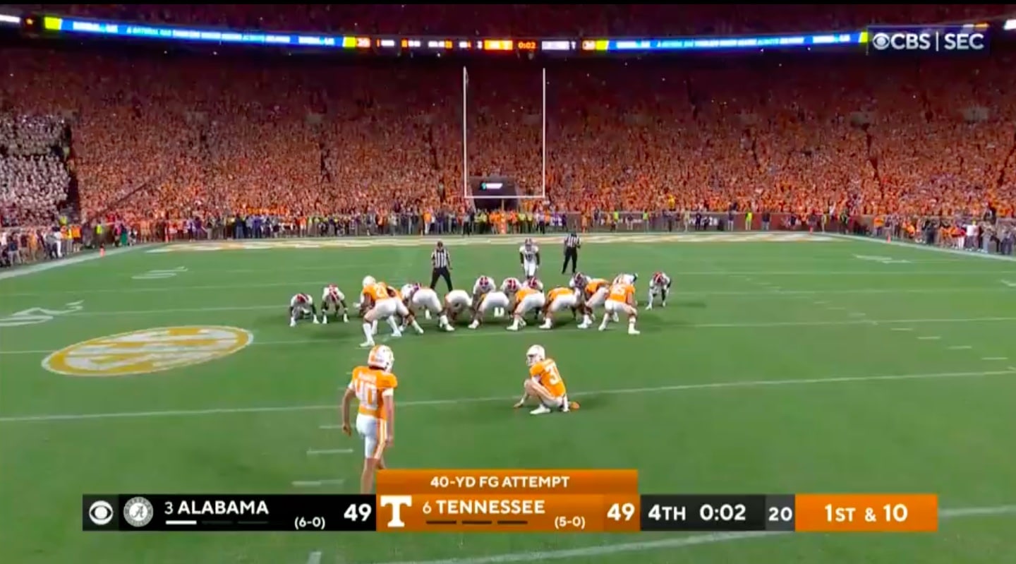 Tennessee stuns Alabama on lastsecond field goal, snapping 15year losing streak to Crimson Tide