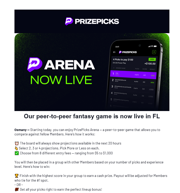 PrizePicks arena email. 